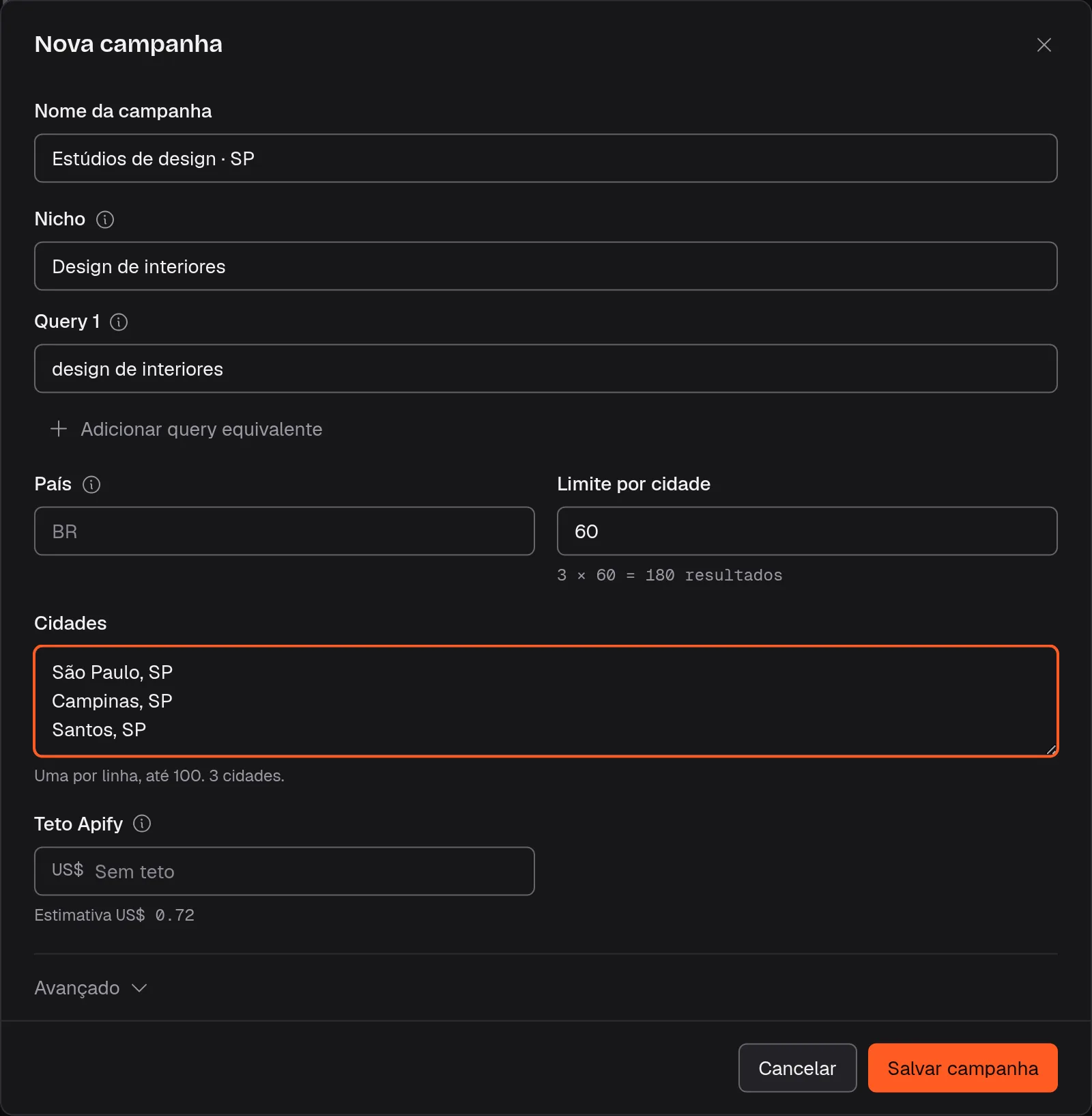 Nova campanha preenchida com nicho, busca e cidades para procurar empresas no Google Maps. Dados demonstrativos.