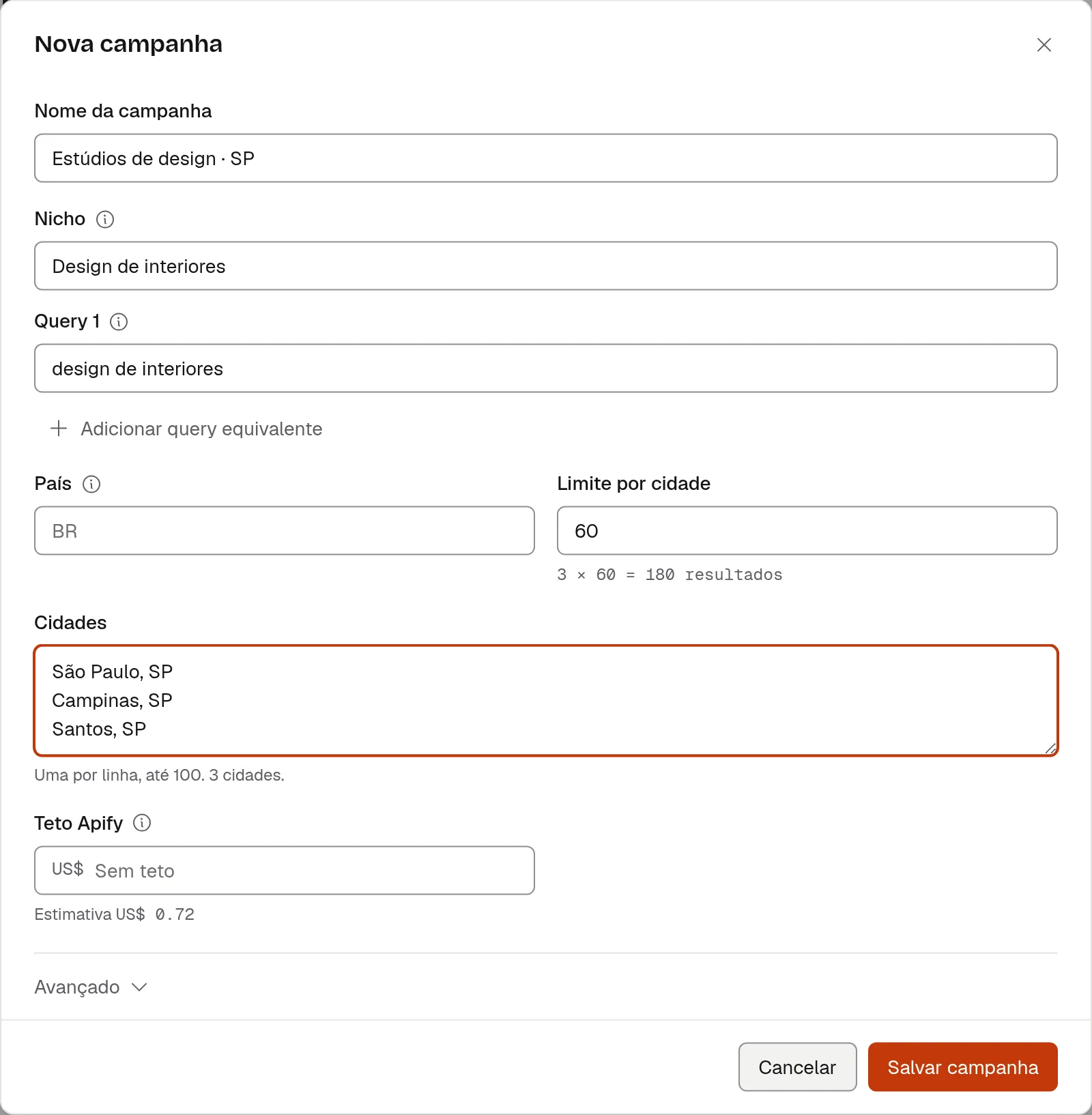 Nova campanha preenchida com nicho, busca e cidades para procurar empresas no Google Maps. Dados demonstrativos.