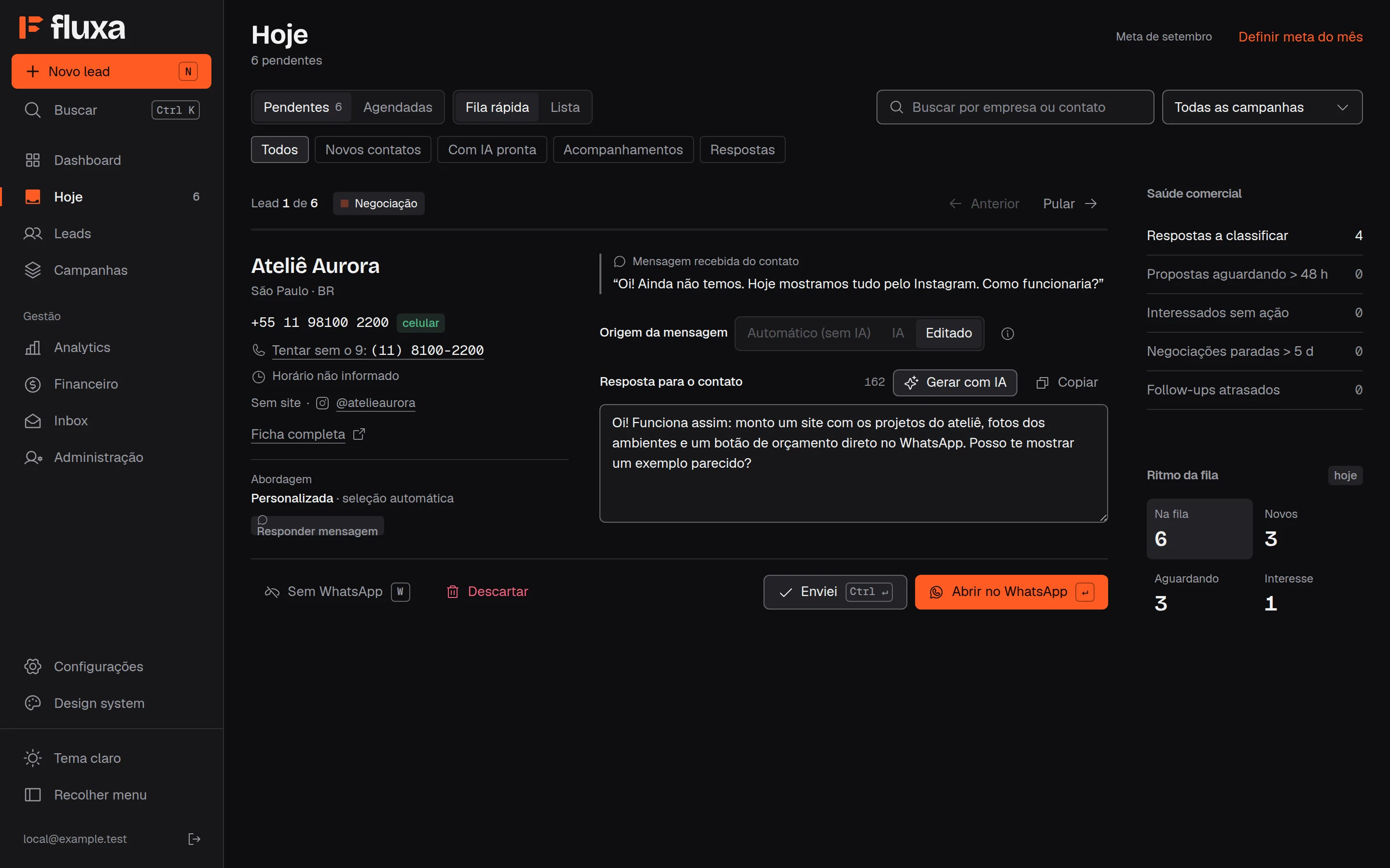 Tela Hoje do Fluxa: o Ateliê Aurora respondeu e a resposta está pronta para revisar e abrir no WhatsApp. Dados demonstrativos.